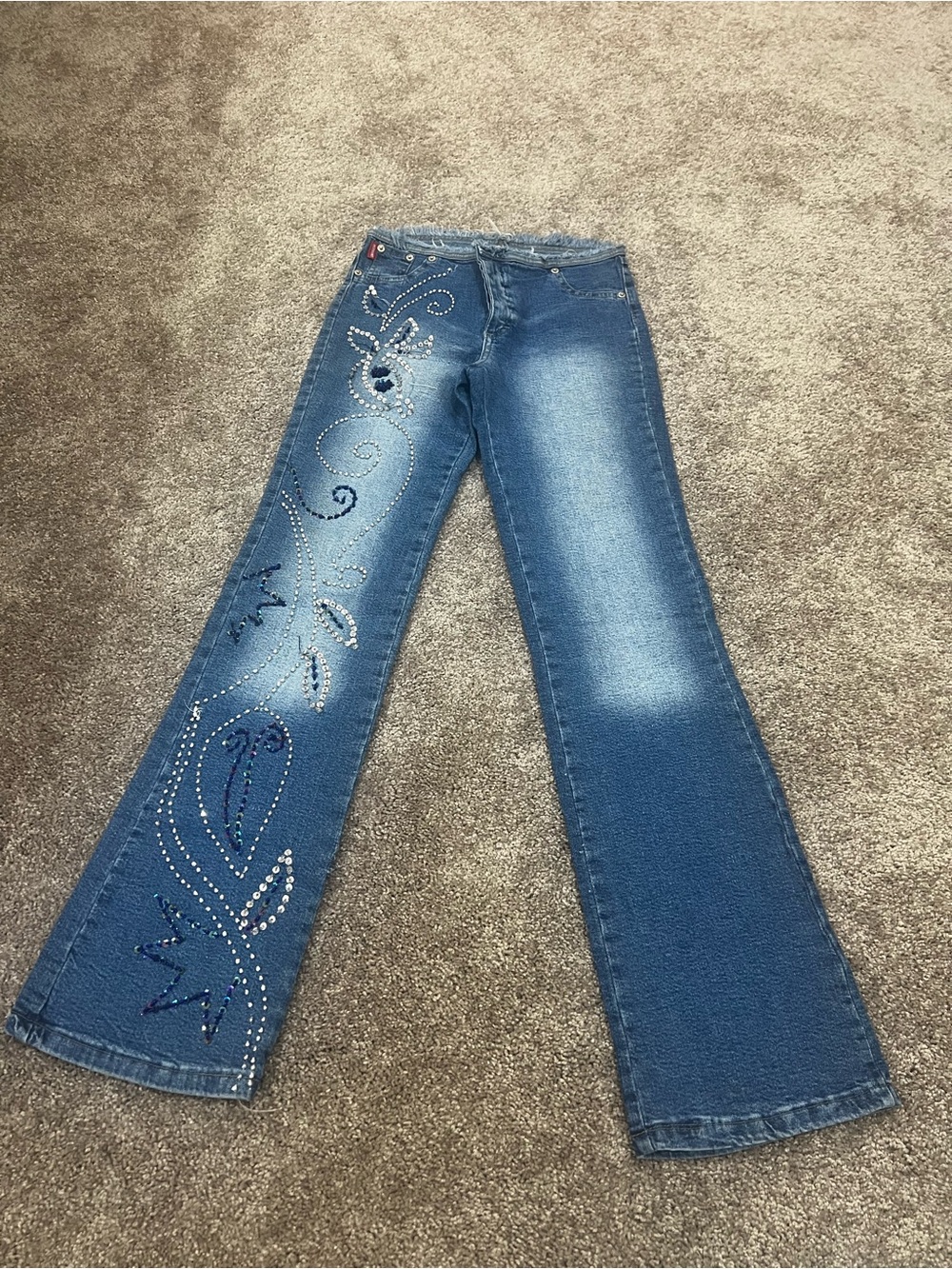 Y2K Embellished Blue Women’s Flared Jeans - some loose hems